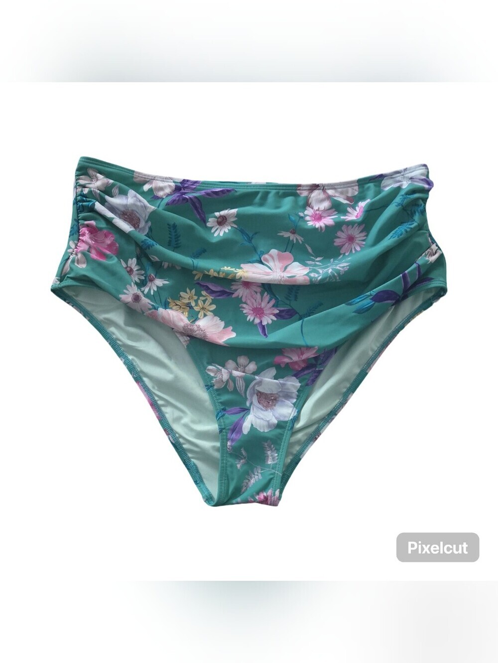 Cupshe Swim Teal Floral High-Waist Bikini Bottoms Vacation Resortwear Beach